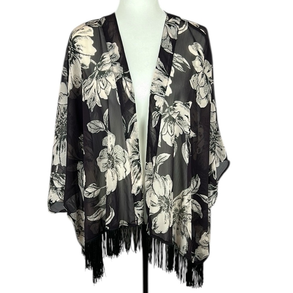 Dynamite Boho Floral Sheer Fringe Kimono Shrug Top M/L Brownish Black